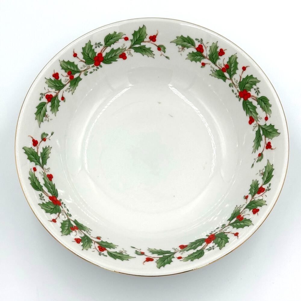 VTG China Pearl Noel Christmas Serving Bowl 9" Fine China Porcelain Holly Berry